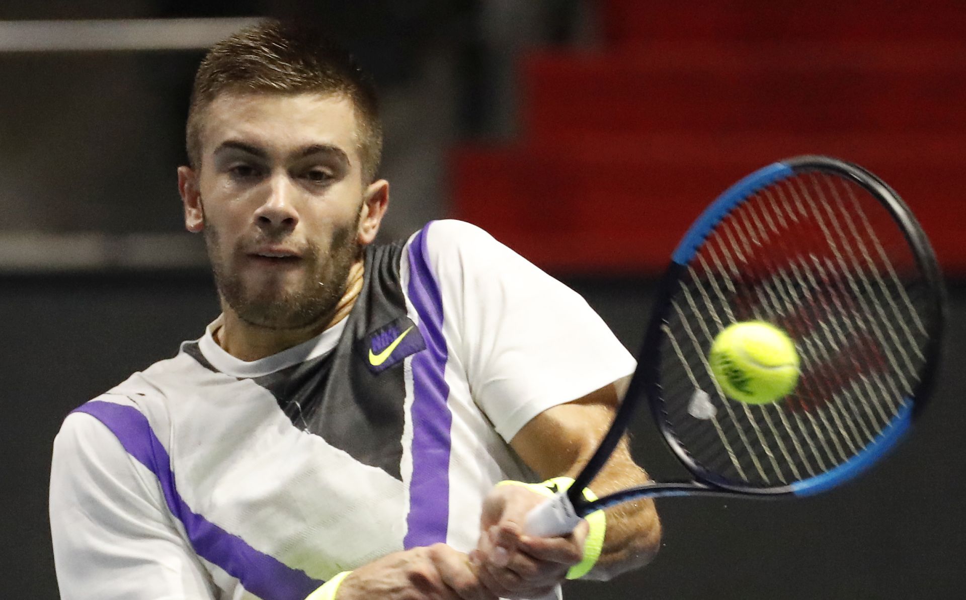 epa07858966 Borna Coric of Croatia in action against Joao Sousa of Portugal during their semi final match of the St.Petersburg Open ATP tennis tournament in St.Petersburg, Russia, 21 September 2019.  EPA/ANATOLY MALTSEV