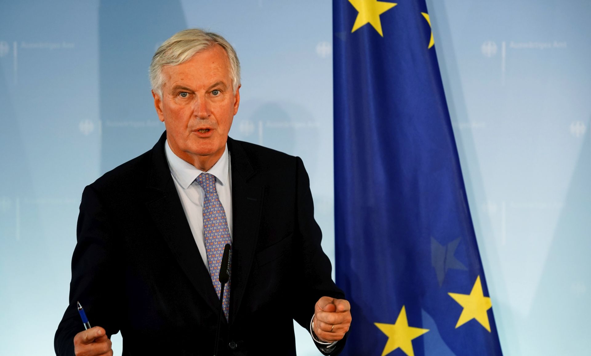 epa07863937 European Union's chief Brexit negotiator Michel Barnier speaks during a press conference after a meeting with German Foreign Minister Heiko Maas (not seen) in Berlin, Germany, 23 September 2019.  EPA/ALEXANDER BECHER