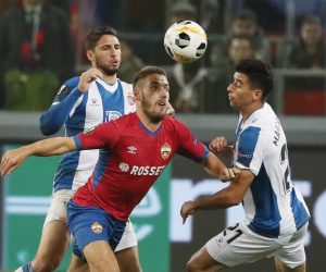 epa07893067 Marc Roca (R) of RCD Espanyol in action against Nikola Vlasic (C)  of CSKA during UEFA Europa League group stage match in Moscow, Russia, 03 October 2019.  EPA/MAXIM SHIPENKOV
