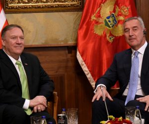 epa07894553 Montenegrian President Milo Djukanovic (R) and Secretary of State of the United States Mike Pompeo (L) talk during their meeting at Villa Gorica in Podgorica, Montenegro, 04 October 2019. Pompeo is on a tour of European countries from 01 to 06 October.  EPA/BORIS PEJOVIC