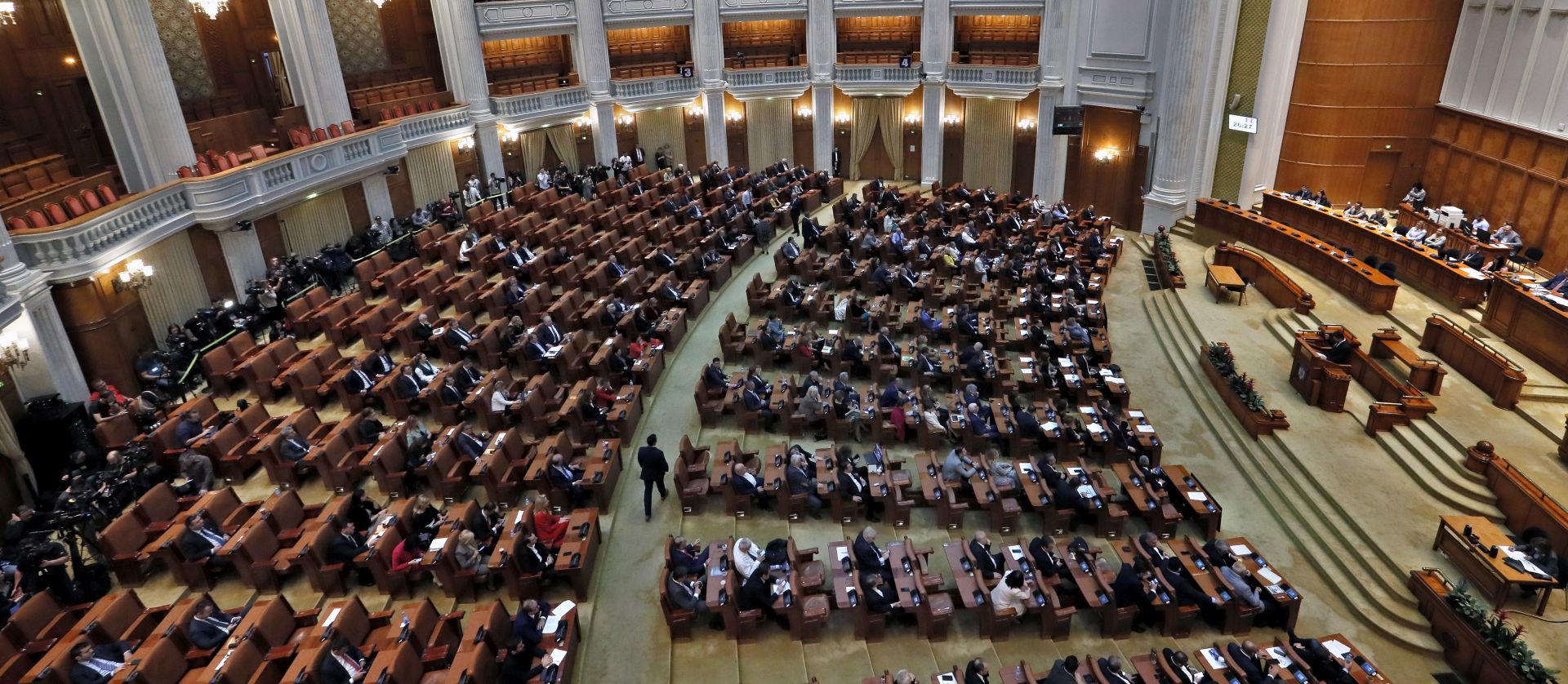 epa07909503 General view of the Deputee Chamber hall during a no-confidence vote against the cabinet led by Viorica Dancila,  at Parliament Palace in Bucharest, Romania, 10 October 2019. The opposition parties pushed a no-confidence vote against the ruling coalition after the junior partner of the  ruling coalition, ALDE party, pulled out of the government in August, leaving the senior PSD party without a majority. For the no-confidence vote to pass, it needs the support of 233  lawmakers from the total number of 465.  EPA/ROBERT GHEMENT