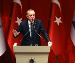 epa07909607 Turkish President Recep Tayyip Erdogan addresses provincial chairmans of ruling Justice and Development Party (AKP) in Ankara, Turkey 10 October 2019. Turkey has launched an offensive targeting Kurdish forces in north-eastern Syria, days after the US withdrew troops from the area.  EPA/STR