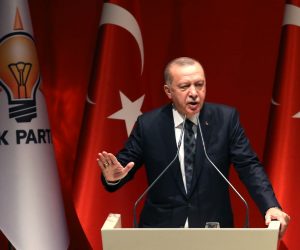epa07909607 Turkish President Recep Tayyip Erdogan addresses provincial chairmans of ruling Justice and Development Party (AKP) in Ankara, Turkey 10 October 2019. Turkey has launched an offensive targeting Kurdish forces in north-eastern Syria, days after the US withdrew troops from the area.  EPA/STR