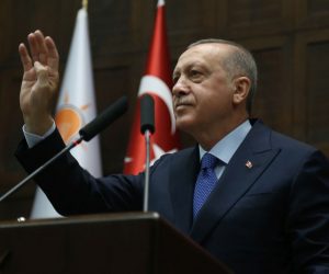 epa07924518 Turkish President Recep Tayyip Erdogan (L) greets to his supporters before he addresses members of ruling Justice and Development Party (AKP) at their group meeting at the parliament in Ankara, Turkey, 16 October 2019. Turkey on the 09 October 2019 launched a military offensive targeting Kurdish forces in north-eastern Syria, days after the US withdrew troops from the area.  EPA/STR