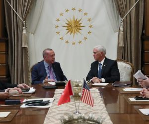 epa07927880 A handout picture provided by Turkish Presidential press office shows Turkish President Recep Tayyip Erdogan (C-L) and US Vice President Mike Pence (C-R) meet in Ankara, Turkey 17 October 2019. Pence is in Turkey for talks on Turkish military operation on Northern Syria against Kurdish fighters. Turkey has launched an offensive targeting Kurdish forces in north-eastern Syria, days after the US withdrew troops from the area.  EPA/PRESIDENTIAL PRESS OFFICE HANDOUT  HANDOUT EDITORIAL USE ONLY/NO SALES HANDOUT EDITORIAL USE ONLY/NO SALES