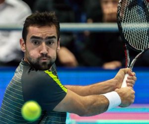 epa07934454 Marin Cilic of Croatia in action during his semifinal match against Andrey Rublev of Russia at the Kremlin Cup tennis tournament in Moscow, Russia, 19 October 2019.  EPA/YURI KOCHETKOV