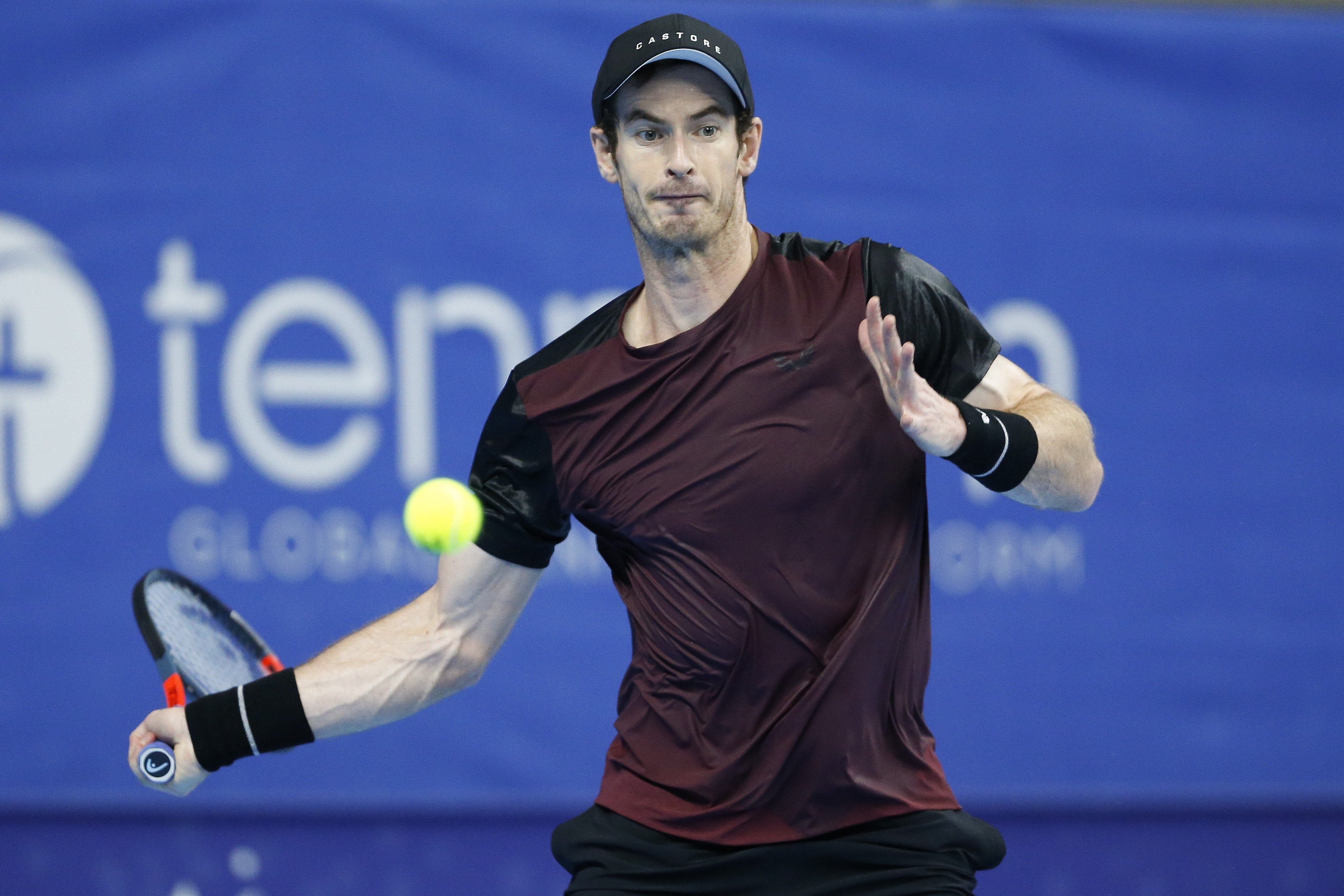epa07937014 Britain's Andy Murray in action during the final match against Stanislas Wawrinka of Switzerland at the European Open tennis tournament, in Antwerp, Belgium, 20 October 2019.  EPA/JULIEN WARNAND