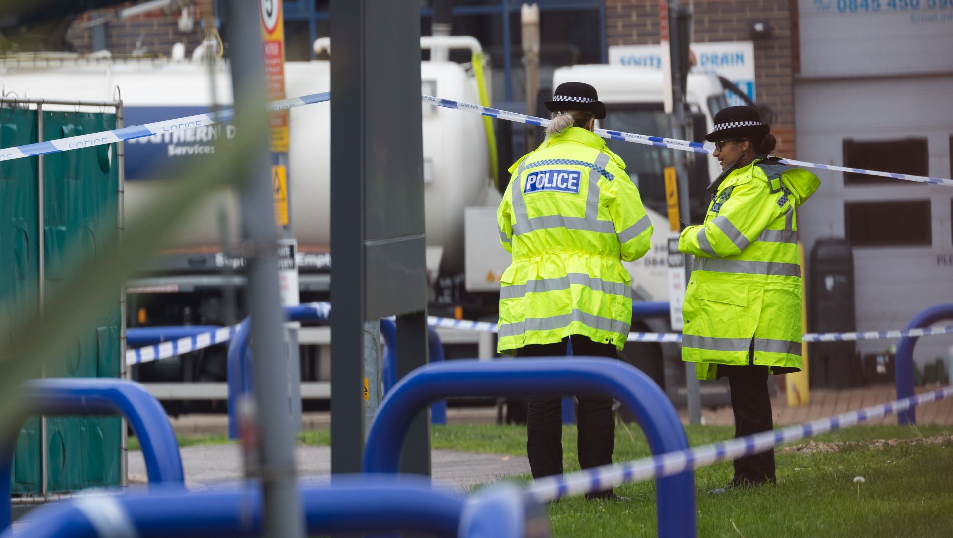epa07942779 Police investigate at the scene in Waterglade Industrial Park in Grays, Essex, Britain, 23 October 2019. A total of 39 bodies were discovered inside a lorry container in the early hours of this morning, and pronounced dead at the scene.  EPA/VICKIE FLORES