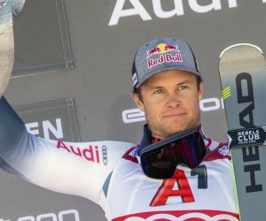 epa07953528 Alexis Pinturault of France celebrates on the podium after winning the men's Giant Slalom race of the FIS Alpine Skiing World Cup season opener in Soelden, Austria, 27 October 2019.  EPA/CHRISTIAN BRUNA