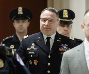 epa07957916 US Army Lieutenant Colonel Alexander Vindman (C), the top Ukraine expert on the National Security Council, arrives for a closed session before the House Intelligence, Foreign Affairs and Ov​ersight committees at the US Capitol in Washington, DC, USA, 29 October 2019. Lieutenant Colonel Vindman faces questions from the three congressional committees on a whistleblower's complaint that US President Donald J. Trump requested help from the President of Ukraine to investigate Joe Biden.  EPA/SHAWN THEW