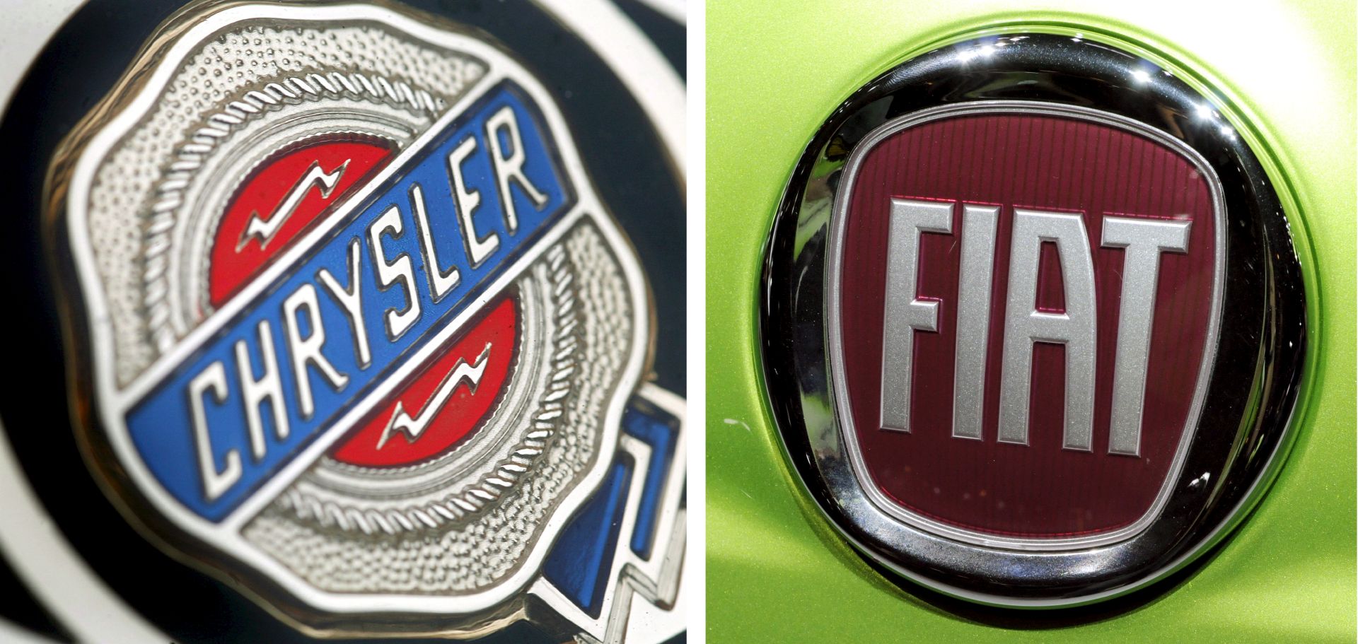 epa07961905 (FILE) - A composite file picture dated 19 February 2007 shows the logo of US American carmaker Chrysler (L) on a Chrysler car in Frankfurt Main, Germany, and a file image dated 24 September 2008 of a FIAT logo on a car in Hanover, Germany (reissued 31 October 2019). Reports on 31 October 2019 state the European car manufacturers PSA Group and Fiat Chrysler Automobiles FCA have announced they have agreed to a merger that would create a global automobile manufacturing giant valued at more than 44 billion euro or some 50 billion USD. The globally active car maker that would rank among four biggest car manufacturers would have some 410,000 employees and total combined revenues of some 190 billion USD.  EPA/FRANK RUMPENHORST / MAURITZ ANTI GERMANY OUT *** Local Caption *** 53539922