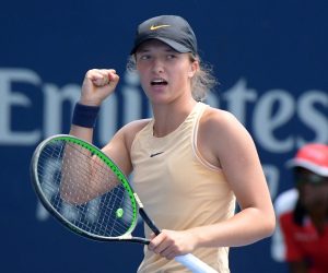 Tennis: Rogers Cup Aug 4, 2019; Toronto, Ontario, Canada; Iga Swiatek (Poland) reacts after winning a point during her victory over Heather Watson (Great Britain) during qualifying for the Rogers Cup tennis tournament at Aviva Centre. Mandatory Credit: Dan Hamilton-USA TODAY Sports Dan Hamilton