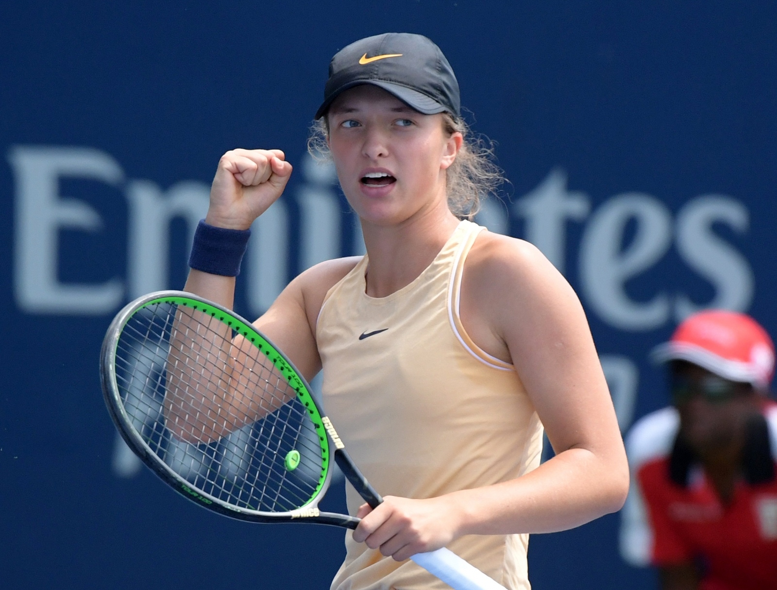 Tennis: Rogers Cup Aug 4, 2019; Toronto, Ontario, Canada; Iga Swiatek (Poland) reacts after winning a point during her victory over Heather Watson (Great Britain) during qualifying for the Rogers Cup tennis tournament at Aviva Centre. Mandatory Credit: Dan Hamilton-USA TODAY Sports Dan Hamilton