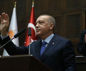 epa07924518 Turkish President Recep Tayyip Erdogan (L) greets to his supporters before he addresses members of ruling Justice and Development Party (AKP) at their group meeting at the parliament in Ankara, Turkey, 16 October 2019. Turkey on the 09 October 2019 launched a military offensive targeting Kurdish forces in north-eastern Syria, days after the US withdrew troops from the area.  EPA/STR
