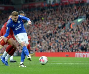 epa07898459 James Maddison of Leicester scores the 1-1 during the English Premier League match between Liverpool FC and Leicester City at Anfield, Liverpool, Britain, 05 October 2019.  EPA/PETER POWELL EDITORIAL USE ONLY. No use with unauthorized audio, video, data, fixture lists, club/league logos or 'live' services. Online in-match use limited to 120 images, no video emulation. No use in betting, games or single club/league/player publications