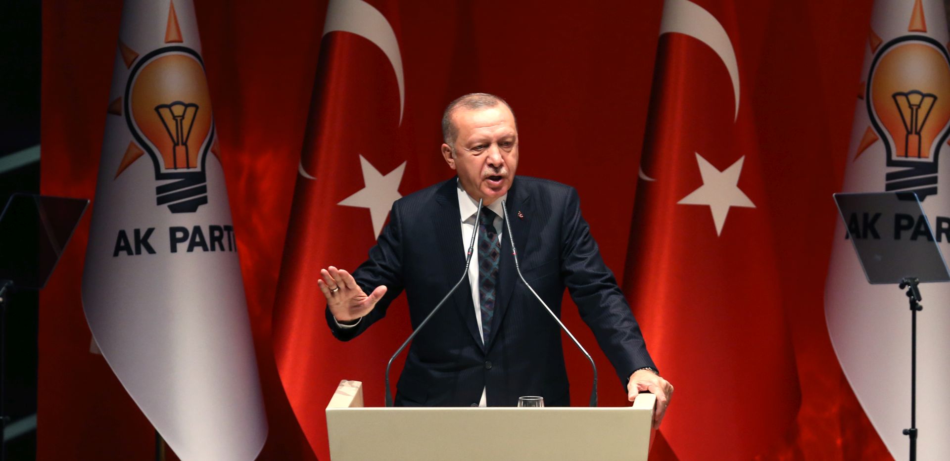 epa07909607 Turkish President Recep Tayyip Erdogan addresses provincial chairmans of ruling Justice and Development Party (AKP) in Ankara, Turkey 10 October 2019. Turkey has launched an offensive targeting Kurdish forces in north-eastern Syria, days after the US withdrew troops from the area.  EPA/STR