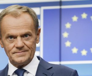 epa07930403 President of the European Council, Donald Tusk gives a press conference at the end of a summit in Brussels, Belgium, 18 October 2019. This news conference is supposed to be the last one in a summit of both Presidents during their mandate.  EPA/OLIVIER HOSLET