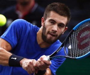 epa07956209 Borna Coric of Croatia in action against Fernando Verdasco of Spain during their first round match at the Rolex Paris Masters tennis tournament in Paris, France, 28 October 2019.  EPA/IAN LANGSDON