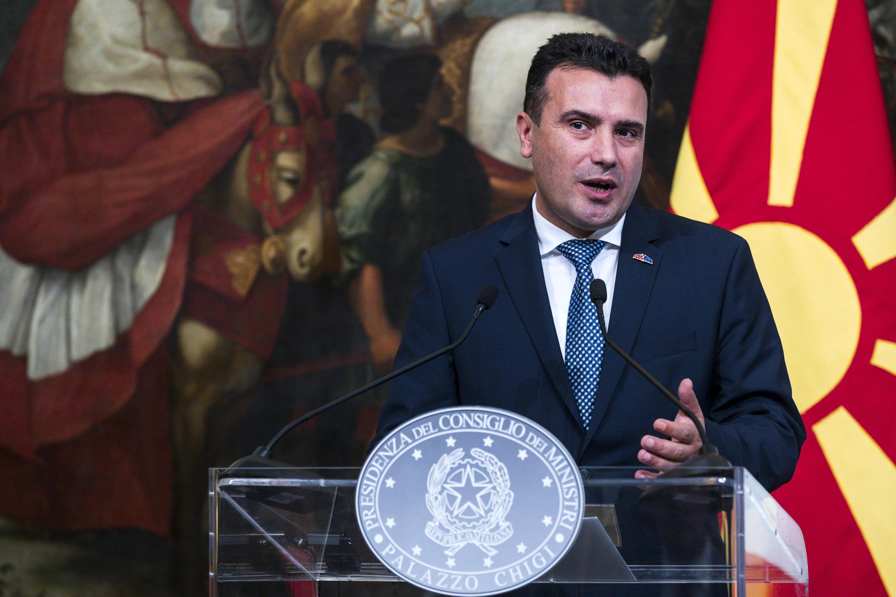 epa07958126 North Macedonia's Prime Minister Zoran Zaev holds a joint press conference with Italian Premier Giuseppe Conte (unseen) at the end of their meeting at the Chigi Palace in Rome, Italy, 29 October 2019. North Macedonia's Prime Minister Zoran Zaev is on an official visit to Italy.  EPA/ANGELO CARCONI