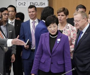 epa07963715 John Coates (R, front), Chairman of the IOC Coordination Commission for the Games of the XXXII Olympiad, IOC member Alex Gilady (L) and Yuriko Koike (C), Governor of Tokyo, speak prior to the start of the Four-Party Representative Meeting in Tokyo, Japan, 01 November 2019. The Four-Party Representative Meeting is made up of representatives of the International Olympic Committee, the Tokyo 2020 Organising Committee, the Tokyo Metropolitan Government and the Government of Japan.  EPA/KIMIMASA MAYAMA / POOL