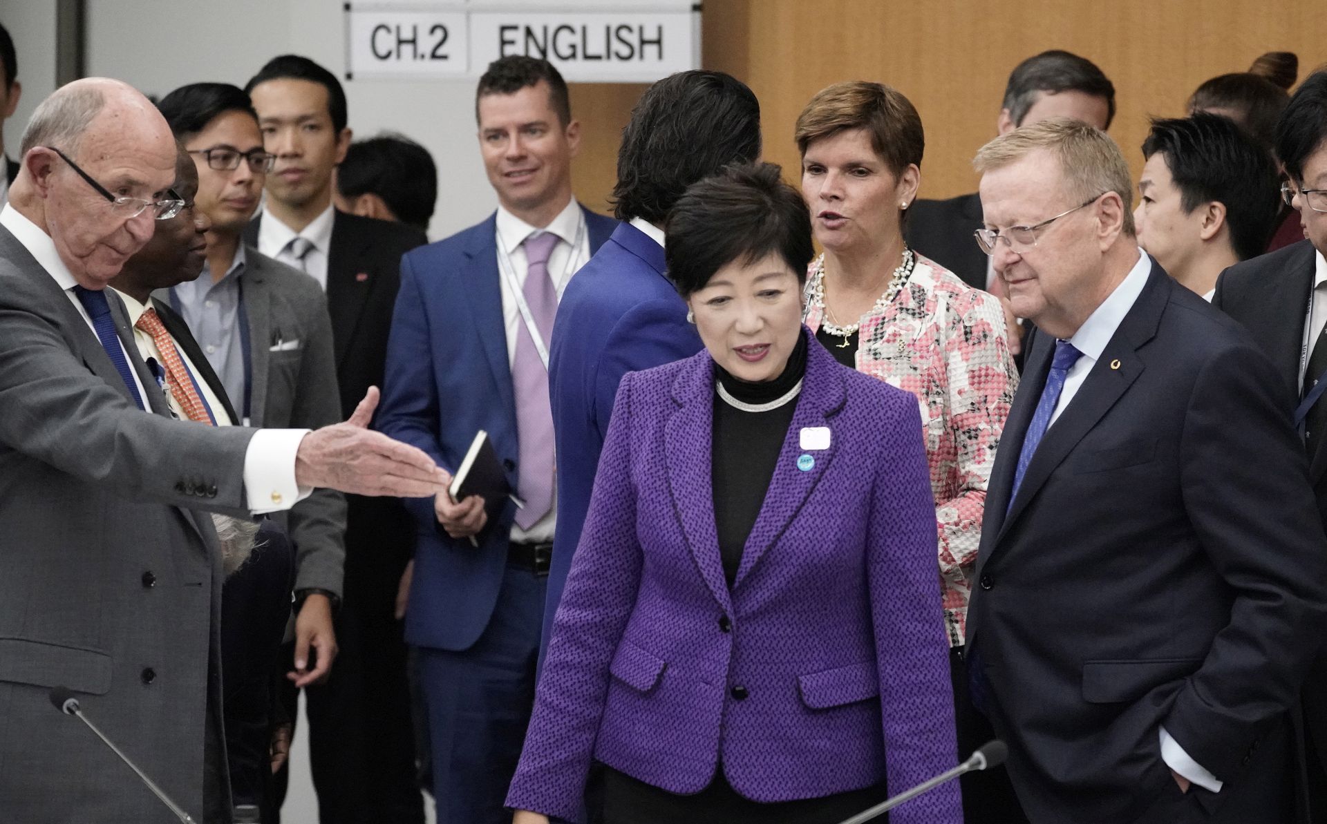 epa07963715 John Coates (R, front), Chairman of the IOC Coordination Commission for the Games of the XXXII Olympiad, IOC member Alex Gilady (L) and Yuriko Koike (C), Governor of Tokyo, speak prior to the start of the Four-Party Representative Meeting in Tokyo, Japan, 01 November 2019. The Four-Party Representative Meeting is made up of representatives of the International Olympic Committee, the Tokyo 2020 Organising Committee, the Tokyo Metropolitan Government and the Government of Japan.  EPA/KIMIMASA MAYAMA / POOL