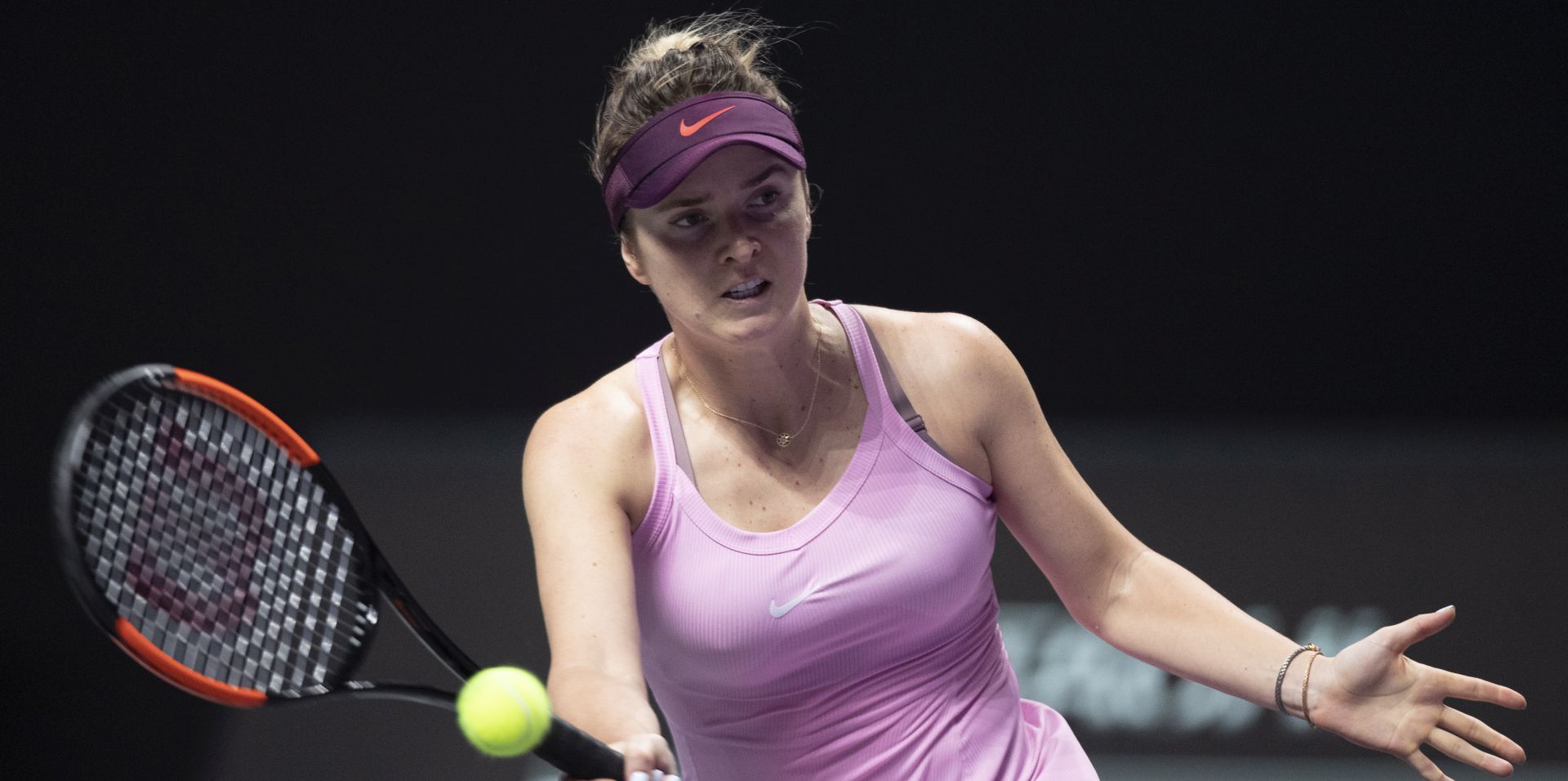epa07964371 Elina Svitolina of Ukraine in action during her round robin match against Sofia Kenin of USA at the WTA Finals 2019 tennis tournament in Shenzhen, China, 01 November 2019.  EPA/ALEX PLAVEVSKI