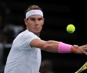 epa07965592 Rafael Nadal of Spain in action during his quarter final match against  Jo-Wilfried Tsonga of France  at the Rolex Paris Masters tennis tournament in Paris, France, 01 November 2019.  EPA/CHRISTOPHE PETIT TESSON