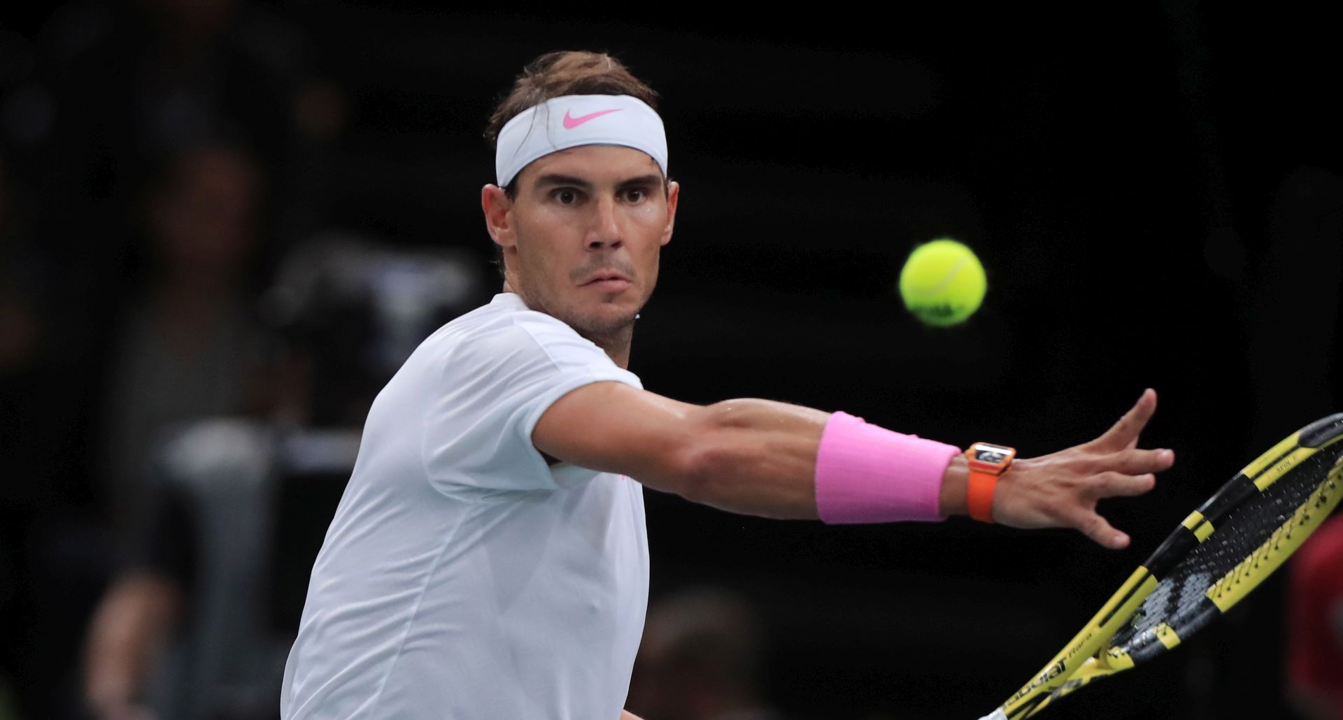 epa07965592 Rafael Nadal of Spain in action during his quarter final match against  Jo-Wilfried Tsonga of France  at the Rolex Paris Masters tennis tournament in Paris, France, 01 November 2019.  EPA/CHRISTOPHE PETIT TESSON