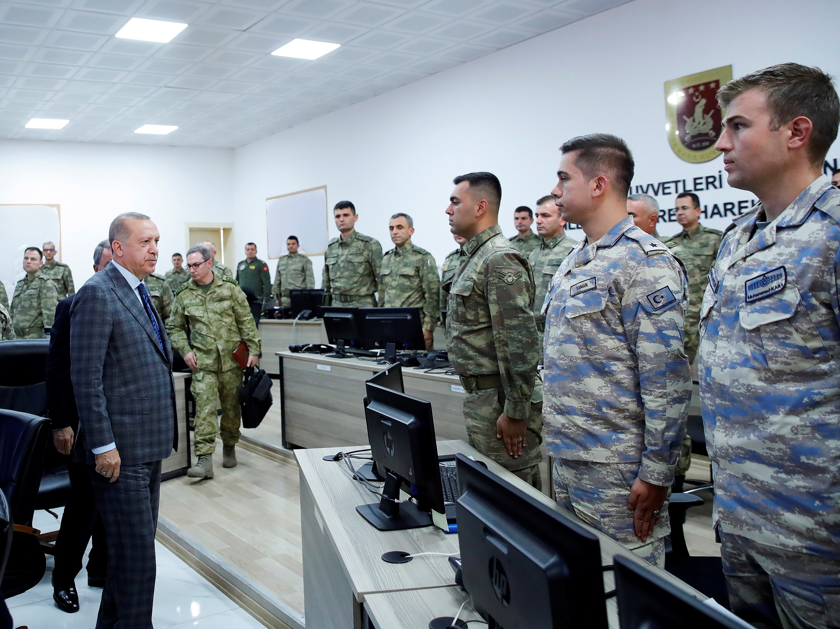 epa07969606 A handout photo made available by Turkish President Press Office shows Turkish President Recep Tayyip Erdogan (L) visiting Turkish army operation center to support Syria military operation in Sanliurfa, Turkey, 03 November 2019. Turkey has launched an offensive targeting Kurdish forces in north-eastern Syria on 09 October, days after the US withdrew troops from the area.  EPA/TURKISH PRESIDENT OFFICE HANDOUT  HANDOUT EDITORIAL USE ONLY/NO SALES