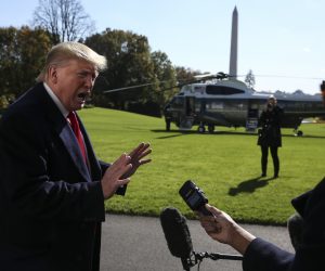 epa07970143 US President Donald J. Trump talks to members of the media on the South Lawn of the White House upon his arrival from a trip to New York, in Washington, DC, USA, 03 Novermber 2019.  EPA/Oliver Contreras / POOL