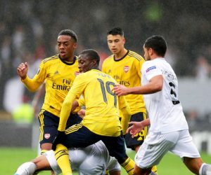 epa07976699 Nicolas Pepe (2-L) of Arsenal in action during the UEFA Europa League group F soccer match between Vitoria Guimaraes and Arsenal FC in Guimaraes, Portugal, 06 November 2019.  EPA/ESTELA SILVA