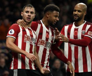 epa07984116 Sheffield United's George Baldock (L) celebrates after scoring against Tottenham during their English Premier League soccer match at Tottenham Hotspur Stadium, London, Britain, 09 November 2019.  EPA/WILL OLIVER EDITORIAL USE ONLY. No use with unauthorized audio, video, data, fixture lists, club/league logos or 'live' services. Online in-match use limited to 120 images, no video emulation. No use in betting, games or single club/league/player publications