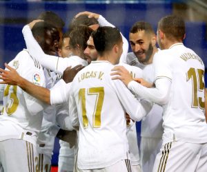 epa07984346 Real Madrid's French striker Karim Benzema (2-R) celebrates with teammates after scoring the opening goal against SD Eibar during their Spanish LaLiga Primera Division soccer match played at the Ipurua stadium in Eibar, northern Spain, 09 November 2019.  EPA/Juan Herrero