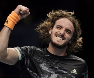 epa07988923 Stefanos Tsitsipas of Greece reacts after winning his round robin match against Daniil Medvedev of Russia at the ATP World Tour Finals tennis tournament in London, Britain, 11 November 2019.  EPA/WILL OLIVER