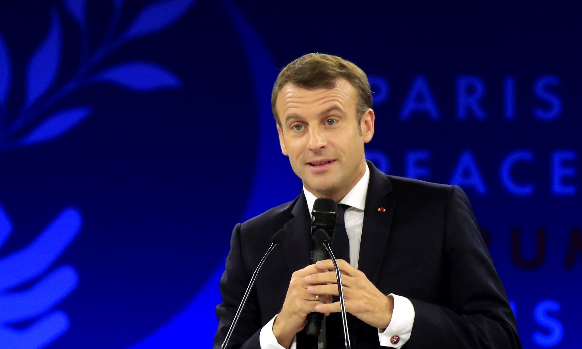 epa07990160 French President Emmanuel Macron delivers his speech at the Paris Peace Forum, in Paris, France, 12 November 2019. The international event on global governance issues and multilateralism takes place on 12 to 13 November in Paris.  EPA/MICHEL EULER / POOL MAXPPP OUT