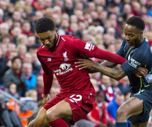 epa07990905 (FILE) - Liverpool's Joe Gomez (L) in action against Manchester City's Raheem Sterling (R) during the English Premier League soccer match between Liverpool FC and Manchester City at Anfield in Liverpool, Britain, 07 October 2018 (re-issued 12 November 2019). The England national soccer team dropped Raheem Sterling following a clash with teammate Joe Gomez at the England camp, British media reports claimed on 12 November 2019.  EPA/PETER POWELL EDITORIAL USE ONLY. No use with unauthorized audio, video, data, fixture lists, club/league logos or 'live' services. Online in-match use limited to 75 images, no video emulation. No use in betting, games or single club/league/player publications *** Local Caption *** 54684121
