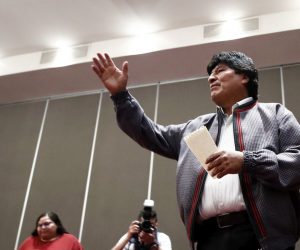 epa08011864 Former President of Bolivia Evo Morales (R), in asylum in Mexico, speaks during a press conference to report the deaths of Bolivian demonstrators, in Mexico city, Mexico, 20 November 2019. Morales presented to the press a video of Bolivian police action against demonstrators.  EPA/JOSE MENDEZ