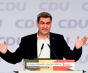 epa08018889 State Premier of Bavaria and Christian Social Union (CSU) chairman Markus Soeder speaks during the Party Congress of the Christian Democratic Union (CDU) in Leipzig, Germany, 23 November 2019.​ The CDU Party Congress takes place from 22 to 23 November 2019 .  EPA/FILIP SINGER