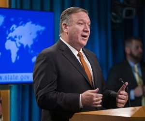 epa08027062 US Secretary of State Mike Pompeo speaks to the media about numerous issues, including the impeachment inquiry and economic protests in Iran, from the State Department in Washington, DC, USA, 26 November 2019. Pompeo also lent support to President Trump's desire to investigate Ukraine over the long-debunked conspiracy that Ukraine may have hacked DNC servers before the last election.  EPA/JIM LO SCALZO