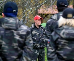 Andrej Sisko leader of Stajerska Varda (Stajerska Guard) is seen with uniformed volunteers while they hold exercises near the border with Croatia in Kostel Andrej Sisko leader of Stajerska Varda (Stajerska Guard) is seen with uniformed volunteers while they hold exercises near the border with Croatia in Kostel, Slovenia November 9, 2019. Picture taken November 9, 2019. REUTERS/Borut Zivulovic BORUT ZIVULOVIC