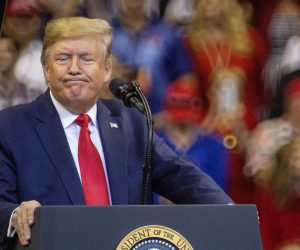 epa08028074 US President Donald J. Trump reacts during a campaign rally at the BB&T Center in Sunrise, Florida, USA, 26 November 2019.  EPA/CRISTOBAL HERRERA