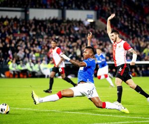 epa08031759 Marcos Senesi (R) of Feyenoord in action against Alfredo Morelos (L) of Rangers during the UEFA Europa League group stage soccer match between Feyenoord Rotterdam and Glasgow Rangers in Rotterdam, Netherlands, 28 November 2019.  EPA/ROBIN VAN LONKHUIJSEN