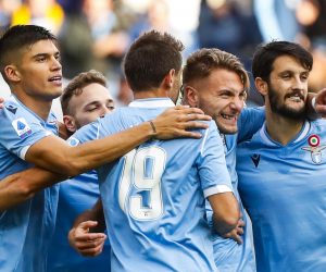 epa08037246 Lazio's Ciro Immobile (2-R) jubilates with his teammates after scoring the 1-0 goal during the Italian Serie A soccer match SS Lazio vs Udinese Calcio at Olimpico stadium in Rome, Italy, 01 December 2019.  EPA/ANGELO CARCONI