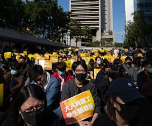 epa08038753 Workers and protesters from the advertising sector attend a rally in Chater Garden, Hong Kong, China, 02 December 2019. The participants began a week-long strike on 02 December in support of the anti-government protests that have been taking place in the city. Hong Kong is in its sixth month of mass protests, which were originally triggered by a now withdrawn extradition bill, and have since turned into a wider pro-democracy movement.  EPA/JEROME FAVRE