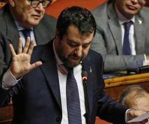 epa08039843 League secretary Matteo Salvini delivers a speech during a session of the Senate in Rome, Italy, 02 December 2019. Italian Prime Minister Giuseppe Conte reported on the European Stability Mechanism (ESM) as coalition infighting deepen on the reform of the eurozone's bailout fund, media reported. Italy's government will hold a vote in parliament abut the reform next week.  EPA/FABIO FRUSTACI