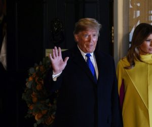 epa08042159 US President Donald J. Trump (L) and his wife Melania Trump (R) arrive at Downing Street for a reception during the NATO Summit in London, Britain, 03 December 2019. NATO countries' heads of states and governments gather in London for a two-day meeting.  EPA/NEIL HALL