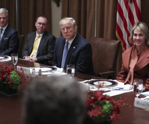 epa08047369 (L-R) National Security Adviser Robert O'Brien, White House chief of staff Mick Mulvaney, US President Donald J. Trump, and US Ambassador to the UN Kelly Craft during a luncheon with the Permanent Representatives of the United Nations Security Council in the Cabinet Room of the White House in Washington, DC, USA, 05 December 2019.  EPA/Oliver Contreras / POOL