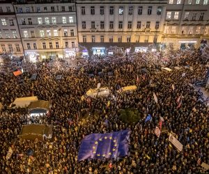 epa08060477 People gather to protest against Czech Prime Minister Andrej Babis at the Wenceslas Square in Prague, Czech Republic, 12 December 2019. Tens of thousands of people were demanding the resignation of Babis due to alleged conflicts of interest involving his former Agrofert conglomerate he founded. On 04 December 2019 high level Czech prosecutor Pavel Zeman has ordered the reopening of the probe into fraud allegations against Babis. The case that involves subsidies of European Union was dropped by the Prague state attorney in September 2019, and further investigations and new ruling ordered.  EPA/MARTIN DIVISEK
