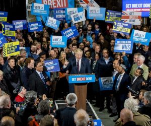 epa08061097 Prime Minister Boris Johnson delivers a speech during a visit to Globus Group, Manchester, North West, Britain, 10 December 2019. Britons go to the polls on 10 December in a general election  EPA/PETER POWELL .