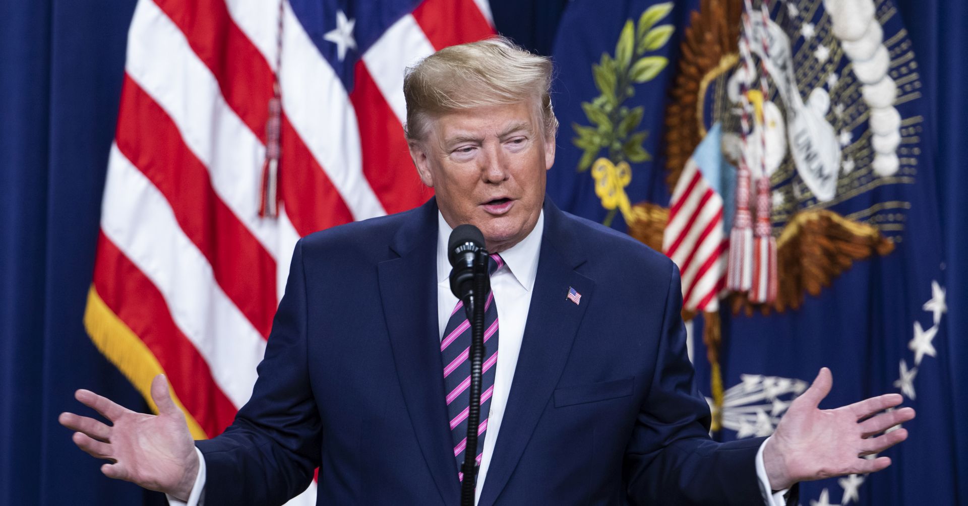 epa08066018 US President Donald J. Trump speaks at a White House summit on child care and paid family leave in the Eisenhower Executive Office Building in Washington, DC, USA, 12 December 2019. As the president spoke, the House Judiciary Committee prepared to vote on two articles of impeachment against him.  EPA/JIM LO SCALZO